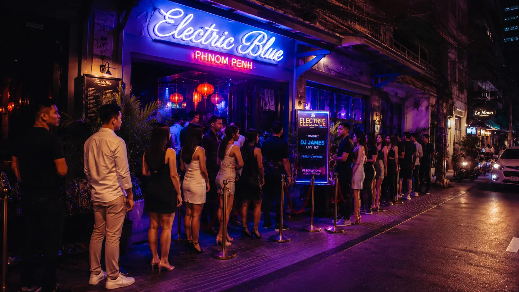 Nightclub entrance in Phnom Penh at night with a red velvet rope, bouncer at the door and bright LED signage above the queue