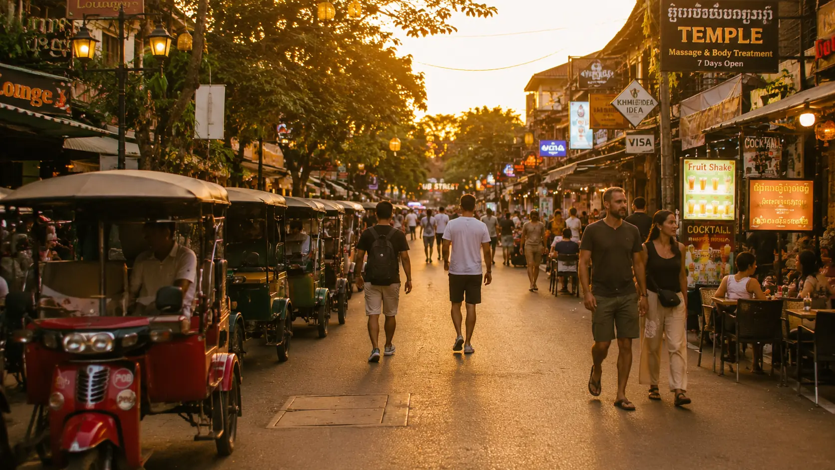 Pedestrian street in Siem Reap lined with parked tuk-tuks under festoon lights, drivers waiting for fares as crowds pass
