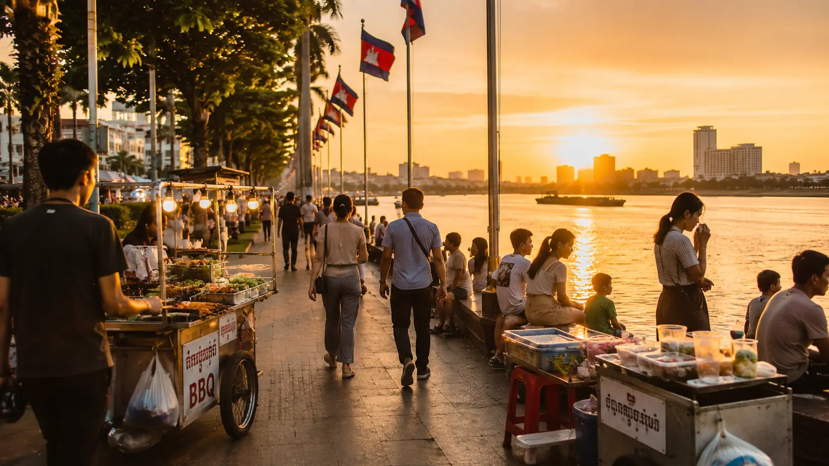 Sisowath Quay riverside promenade in Phnom Penh at sunset with evening walkers along the railing and the Tonle Sap river glowing orange beyond