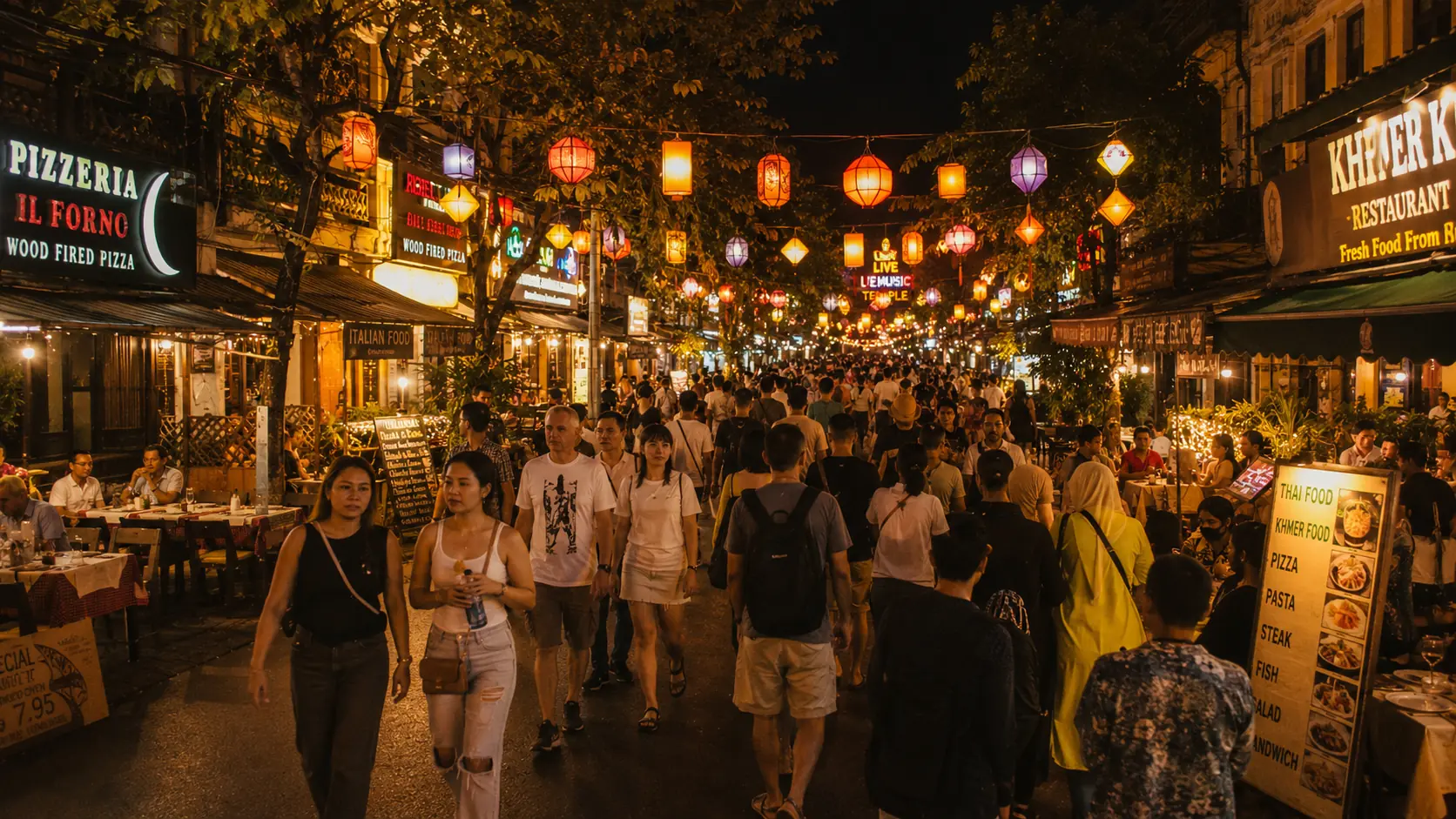 Late-night food alley in Phnom Penh with steaming wok stations, plastic-stool diners and red lanterns under hanging fluorescent strips