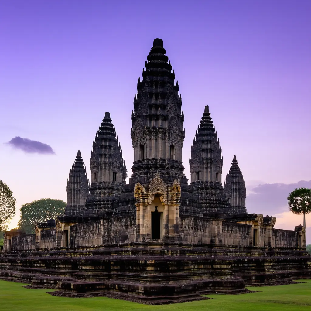 Prambanan ninth-century Hindu temple complex of dark volcanic stone spires reaching into a deep purple dusk sky, intricate carvings catching the last warm light