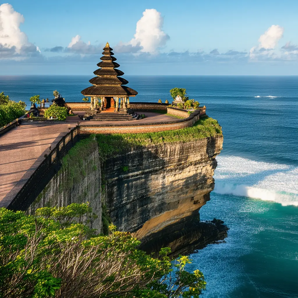 Uluwatu temple perched on a sheer limestone cliff above the Indian Ocean in Bali, deep blue waves breaking far below, warm late-afternoon light