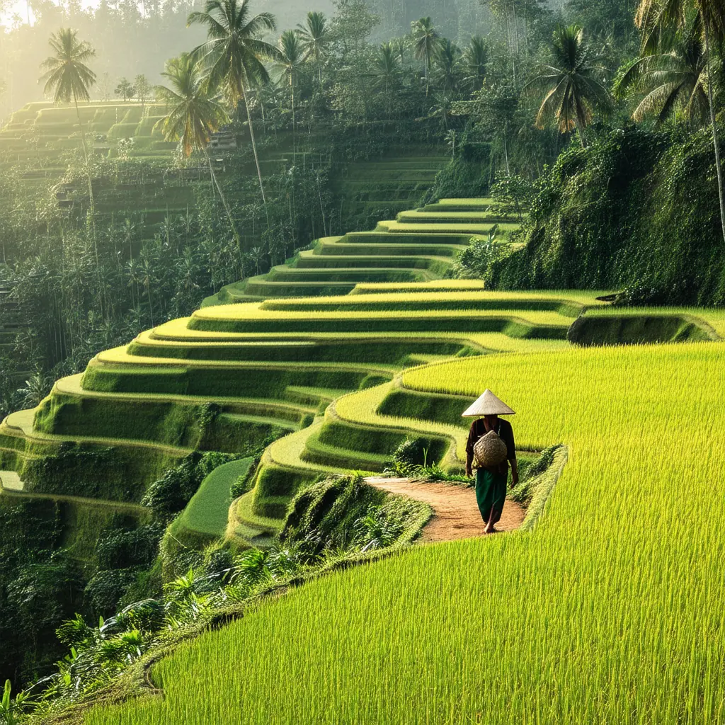 Layered emerald-green rice paddies cascading down a steep valley at Tegalalang in Ubud at golden hour, palm trees on the ridges, a farmer in a conical hat walking a narrow path
