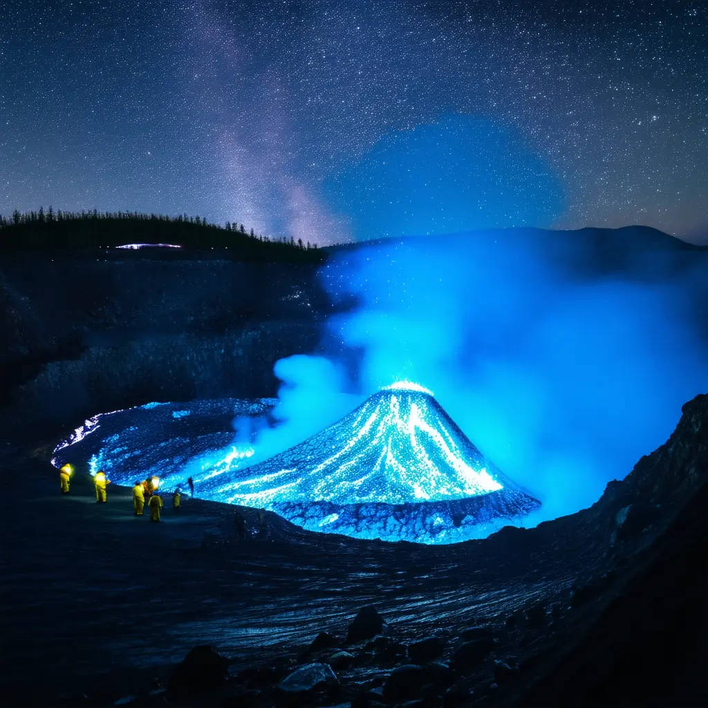 Otherworldly electric-blue flames of burning sulfur on the dark crater floor of Kawah Ijen at night in East Java, sulfur miners with headlamps, faint stars overhead