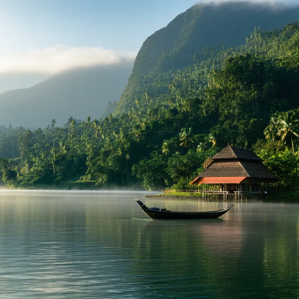 Lake Toba in North Sumatra at sunrise, a vast volcanic caldera lake reflecting forested mountains in still water, traditional Batak boat-shaped house on the shore