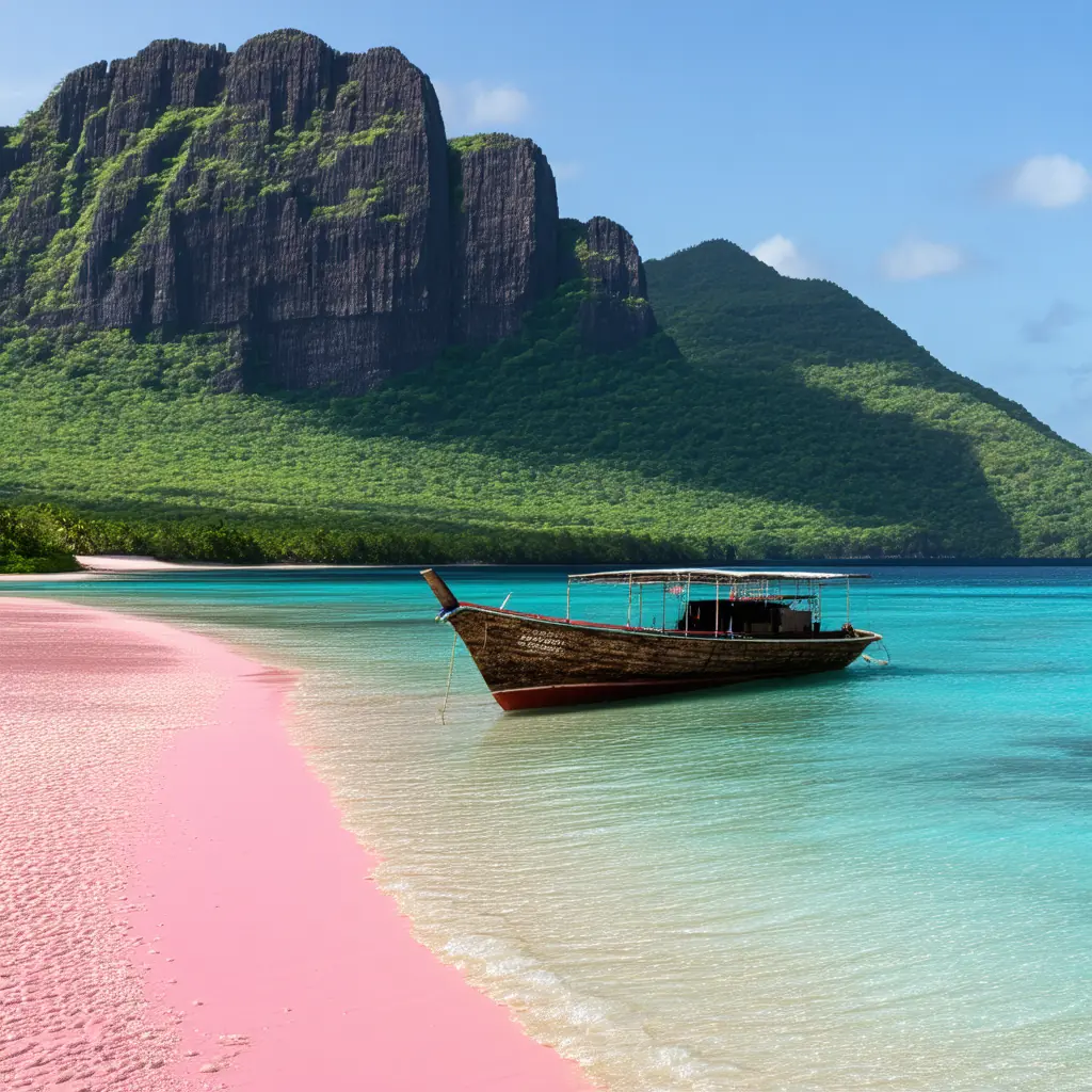 Pink Beach in Komodo National Park with soft rose-colored sand meeting clear turquoise water, dry green hills rising behind the cove, traditional wooden phinisi boat anchored offshore