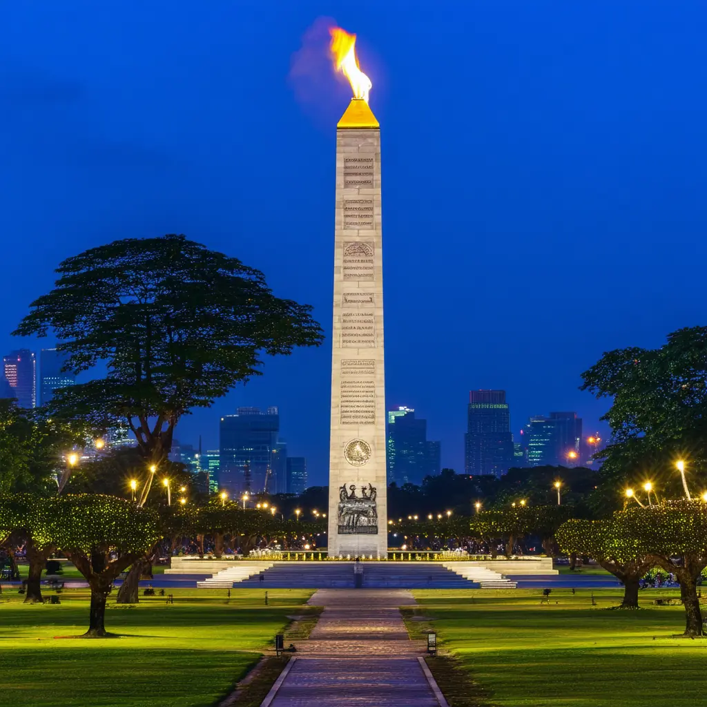 Towering marble obelisk of National Monument Monas crowned by its gold flame illuminated against a deep blue sky in Jakarta at blue hour, surrounding park and city lights twinkling