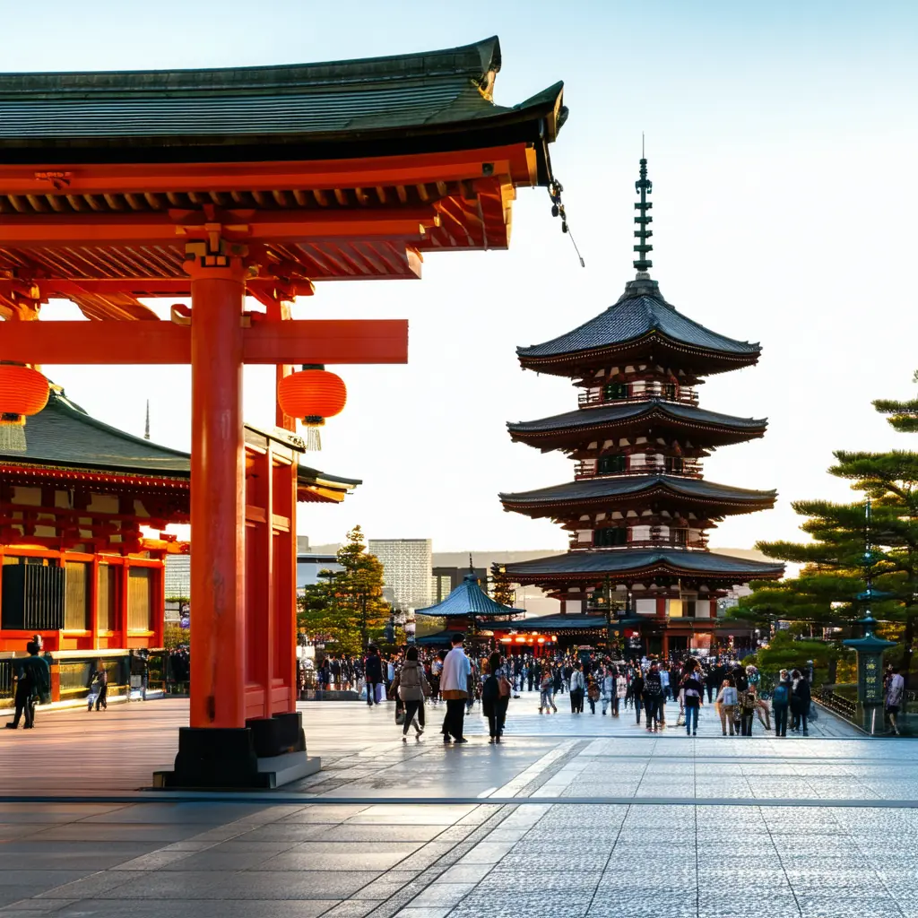 The red Kaminarimon gate of Senso-ji temple in Asakusa with its giant paper lantern, five-story pagoda visible behind in soft morning light