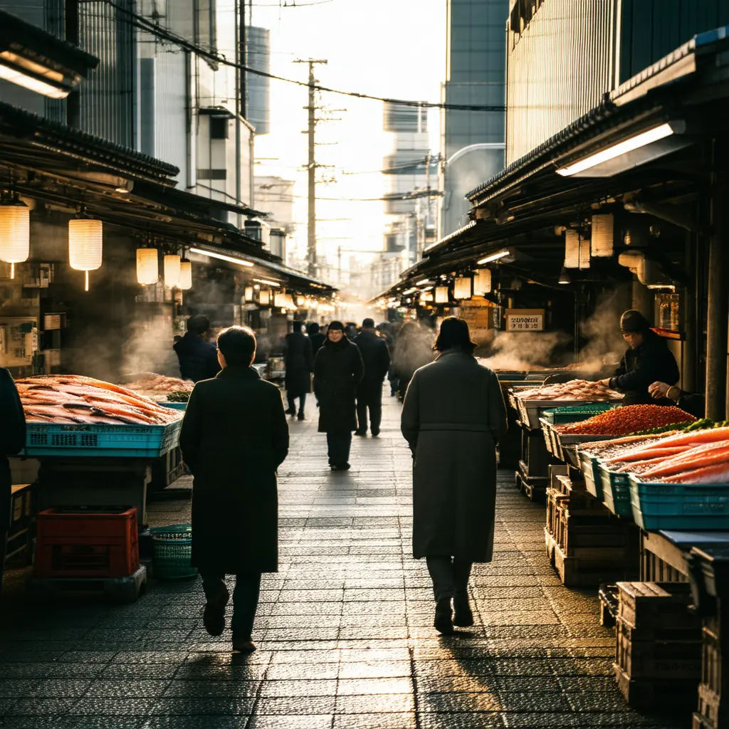 Narrow alley at Tsukiji Outer Market at dawn lined with fish stalls and steaming food carts, golden morning light