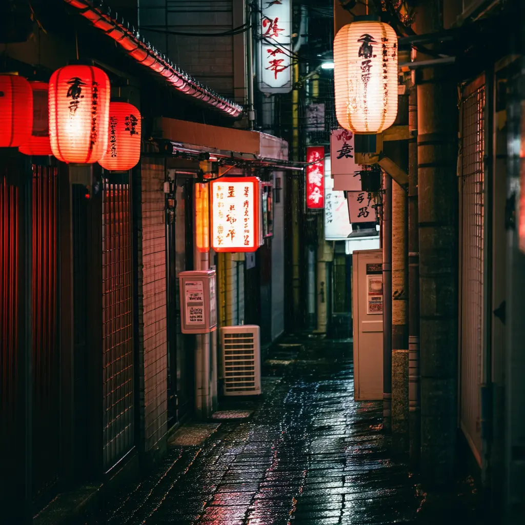 Narrow alleyway in Golden Gai at midnight packed with tiny red-lit bars stacked above one another, neon signs and paper lanterns