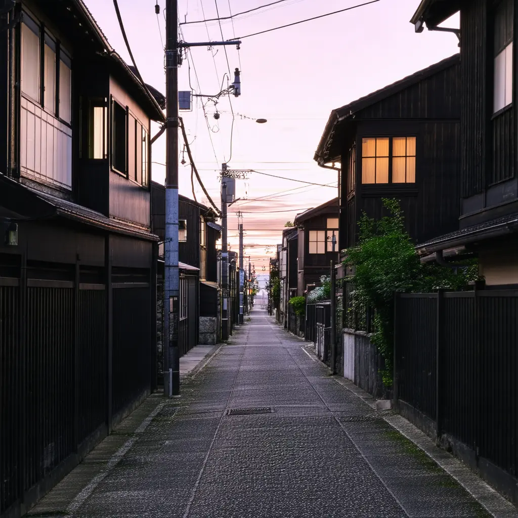 Yanaka old neighborhood at dusk with surviving Meiji-era wooden houses lining a narrow lane, warm window light spilling onto the street