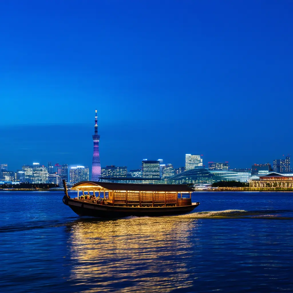 Tokyo Skytree illuminated at blue hour against a deep blue sky, with a traditional wooden boat on the Sumida River
