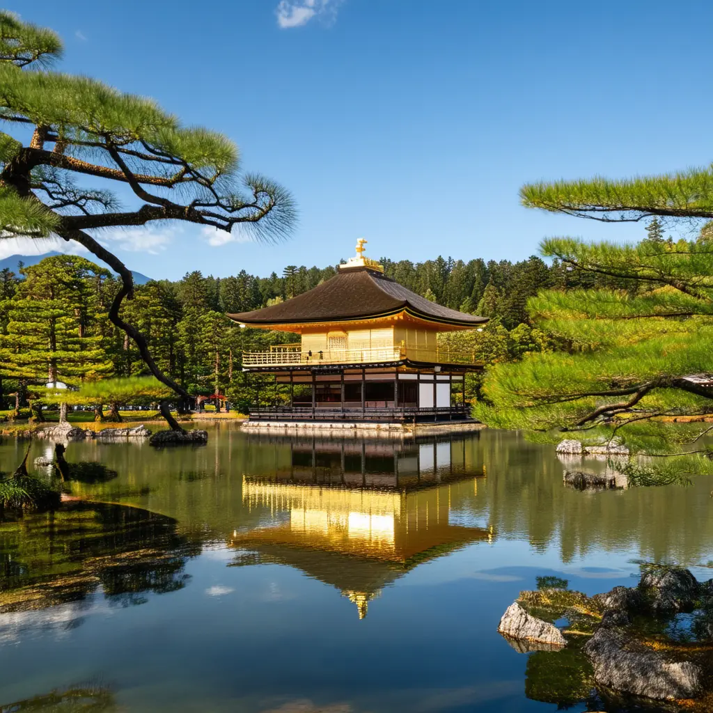 The gilded Kinkaku-ji pavilion reflecting perfectly in a still mirror pond, surrounded by manicured pines and maples under a blue autumn sky