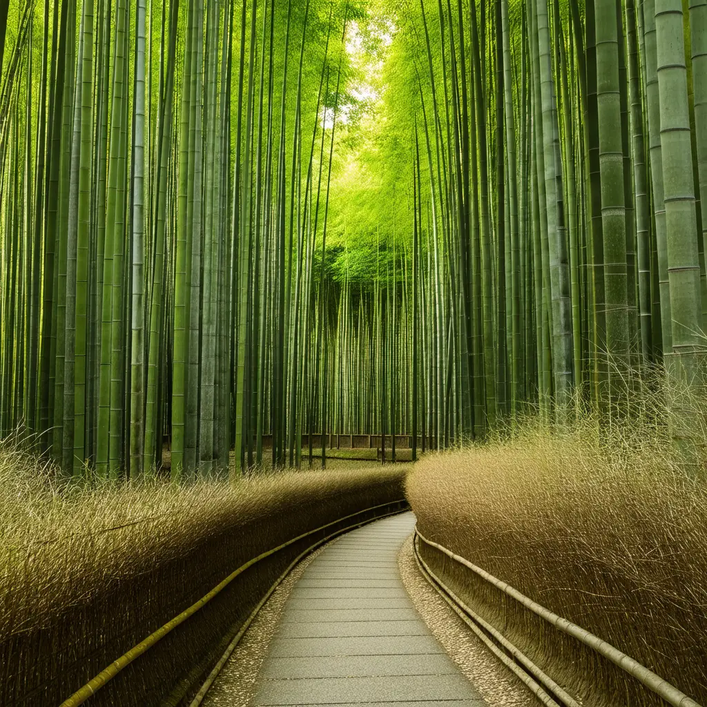 Towering green bamboo stalks creating a vertical tunnel in Arashiyama bamboo grove early morning, soft diffused light filtering down