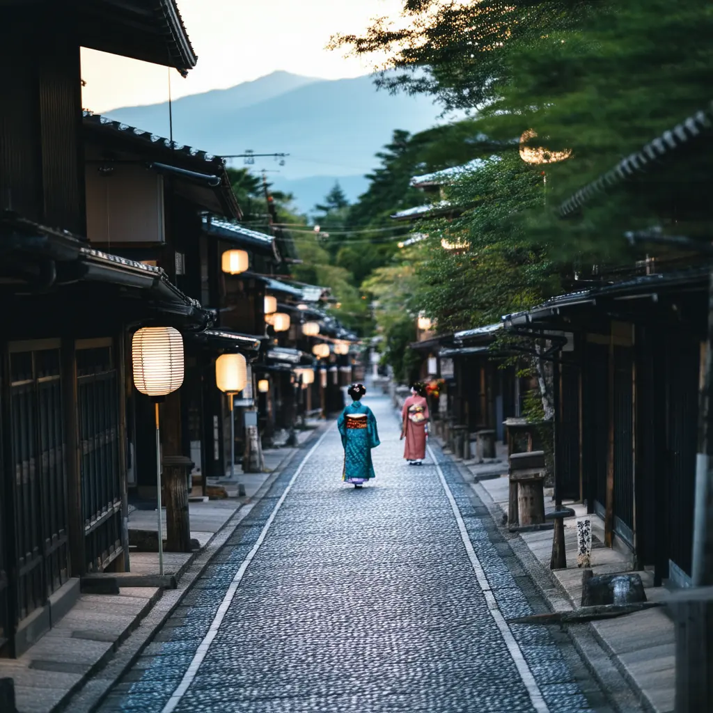 Traditional wooden machiya buildings lining a stone-paved street in Gion district at dusk, paper lanterns glowing warmly, a geisha walking in the distance