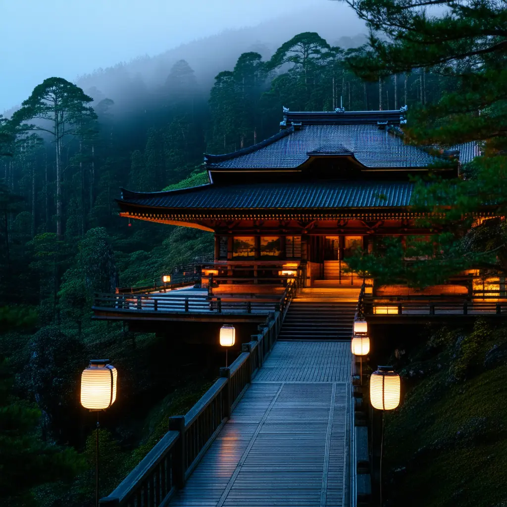 Wooden veranda of Kiyomizu-dera temple projecting over a forested hillside before dawn, lanterns still lit, mist rising from the trees