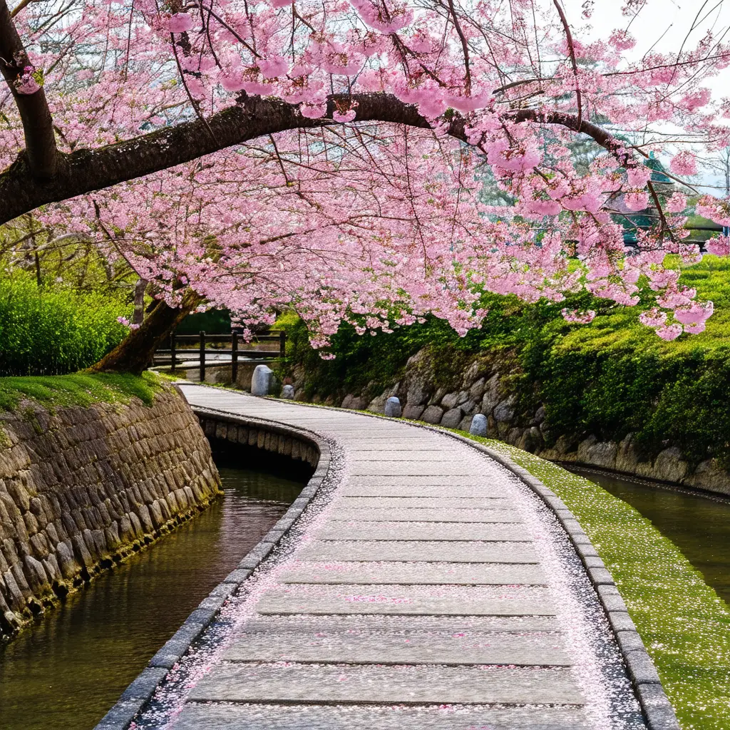 Narrow stone walkway alongside a small canal on the Philosopher's Path in spring, cherry blossoms in full bloom arching overhead, fallen petals on the water