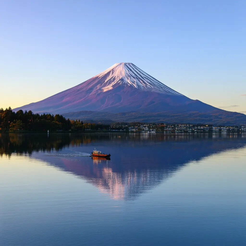 Mount Fuji from Lake Kawaguchi at dawn