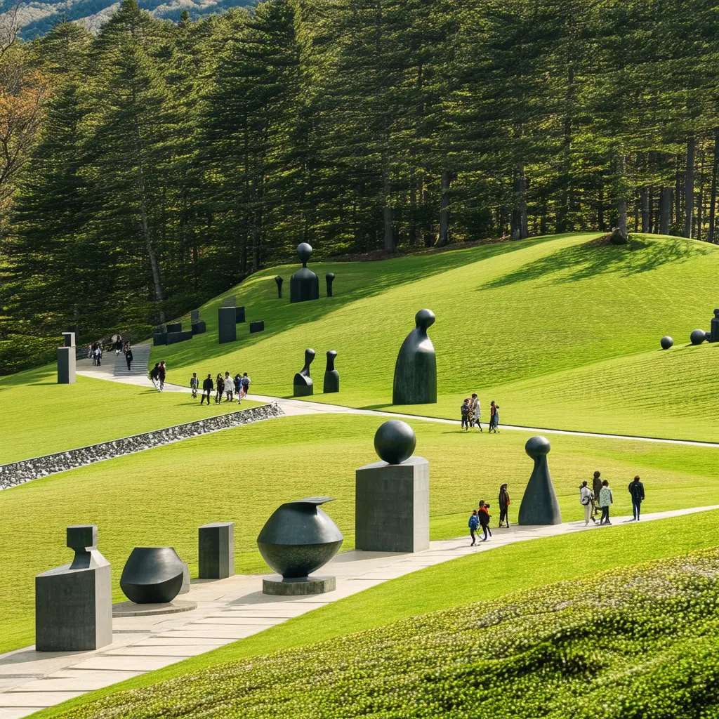 Modernist sculptures spread across rolling green hillsides at Hakone Open-Air Museum, distant forested mountains in bright afternoon light