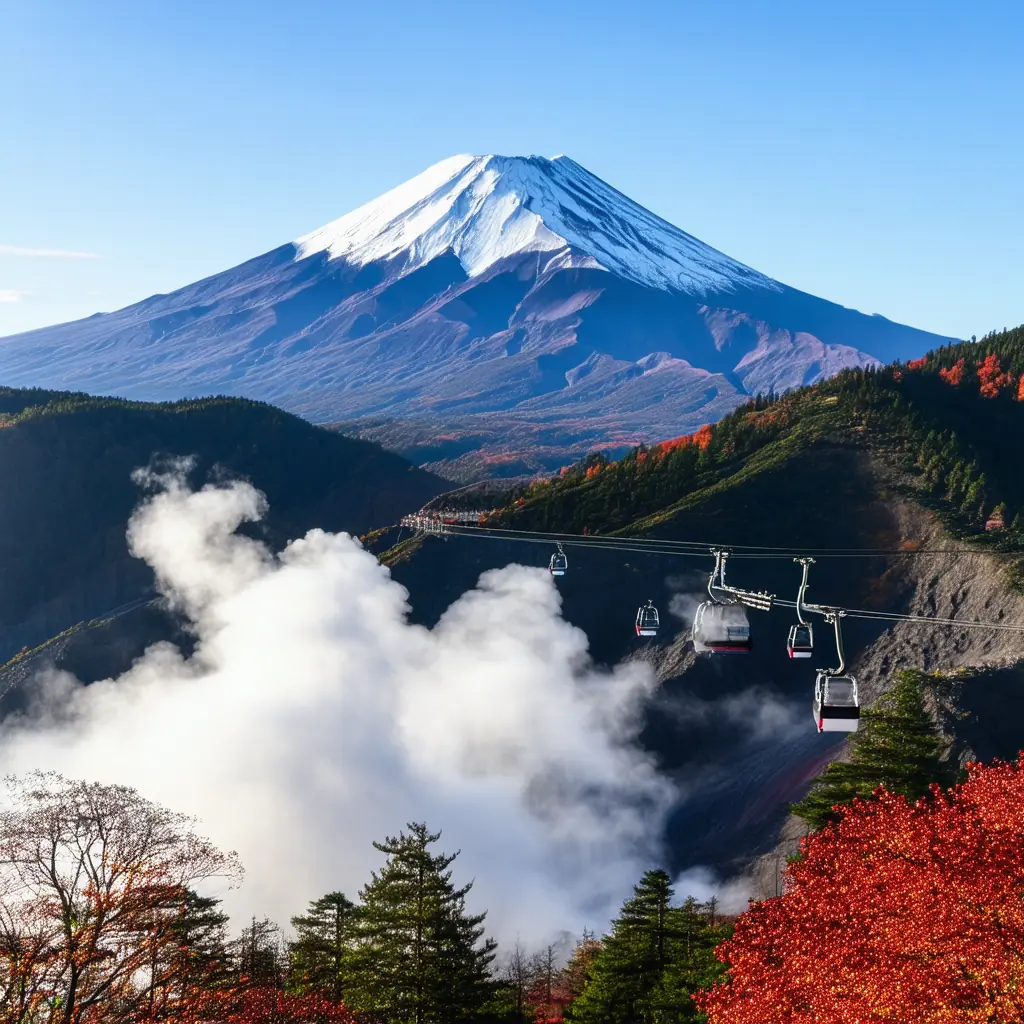 Hakone Ropeway gondola crossing a volcanic valley with sulfurous steam rising from Owakudani below, Mount Fuji visible in the distance