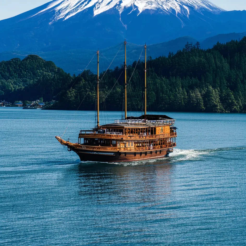 A replica wooden sailing ship cruising the deep blue caldera waters of Lake Ashi, forested mountains rising on either side, Mount Fuji on the horizon