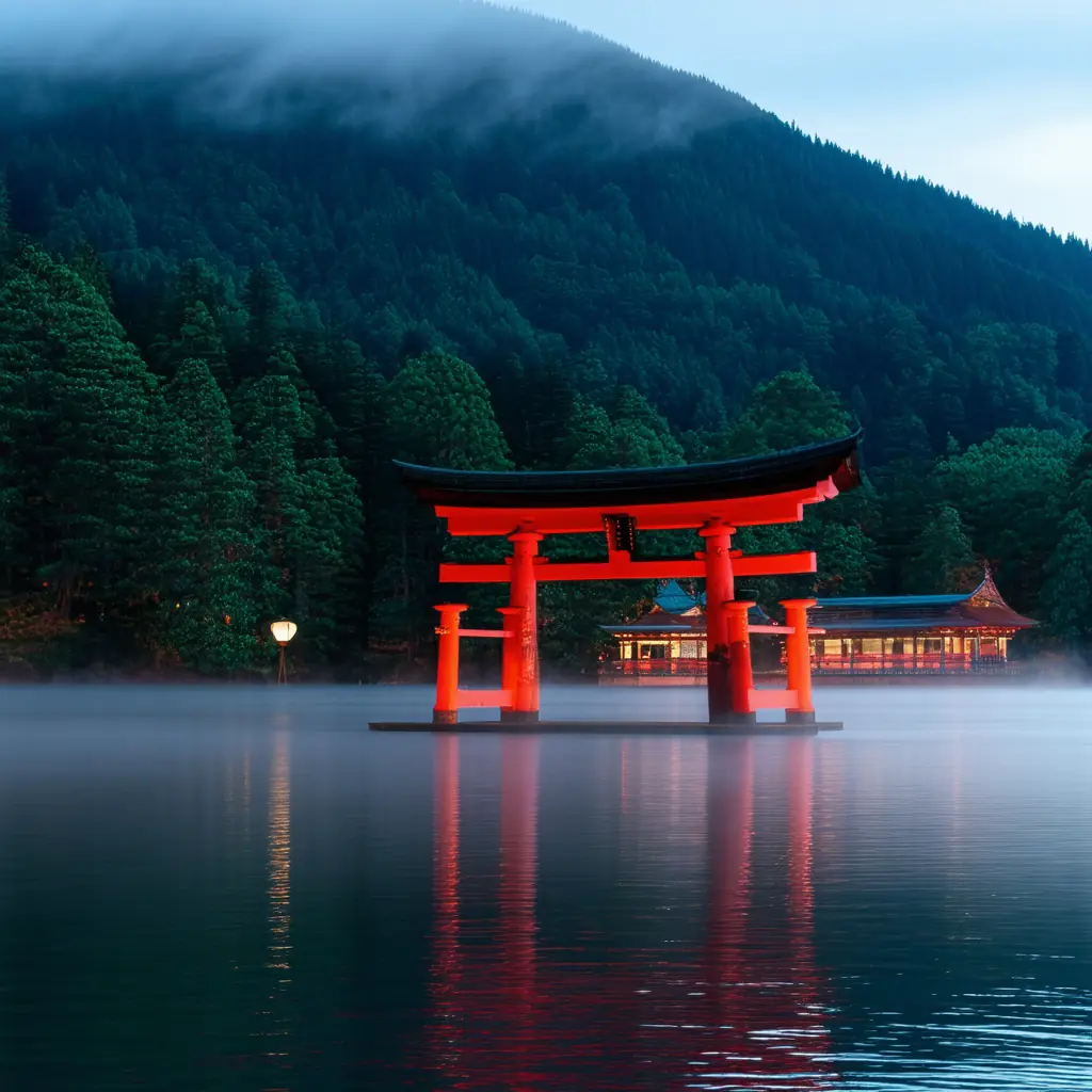 The red torii gate of Hakone Shrine standing in the waters of Lake Ashi at dusk, mist rising from the lake surface, dense forest behind