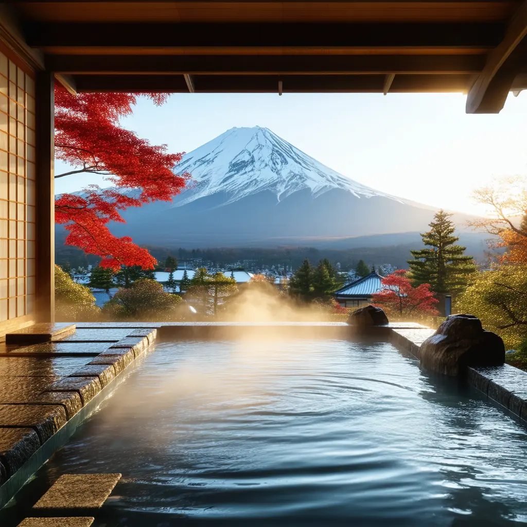 Steam rising from a traditional ryokan stone hot-spring bath at dawn with snow on the distant peak of Mount Fuji, autumn maples around the bath