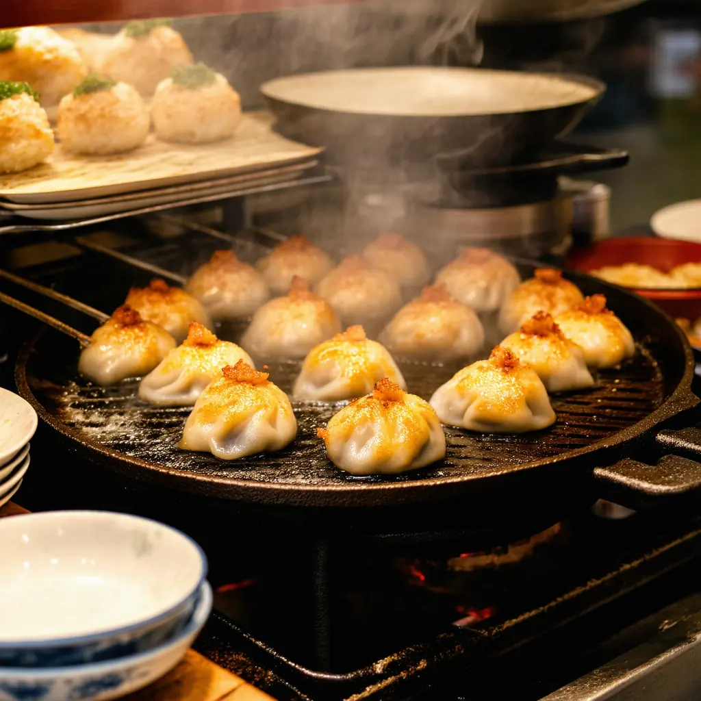 Octopus dumplings sizzling in a cast-iron griddle with circular molds at a takoyaki street stall, steam rising, paper trays of finished takoyaki