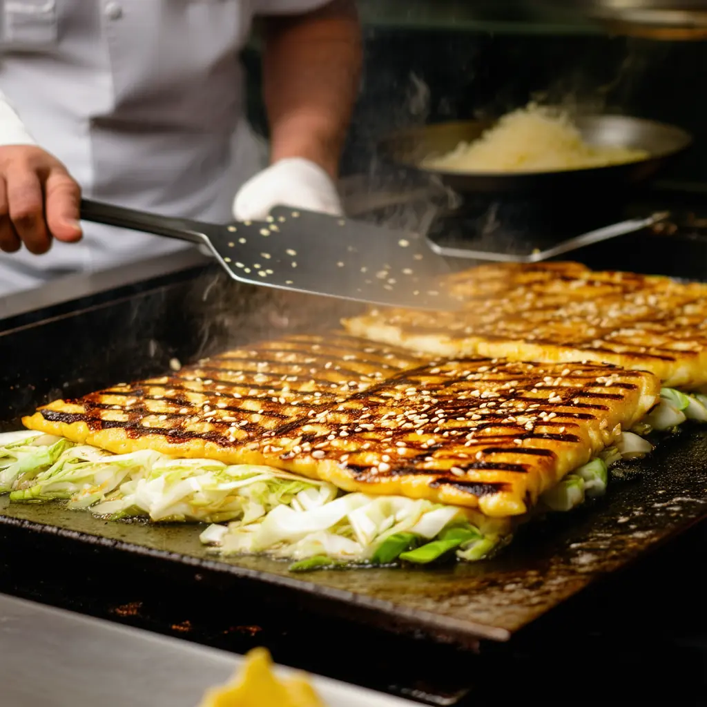 Okonomiyaki savory cabbage pancake bubbling on a hot teppan iron plate, chef in a white shirt with a metal spatula, evening atmosphere