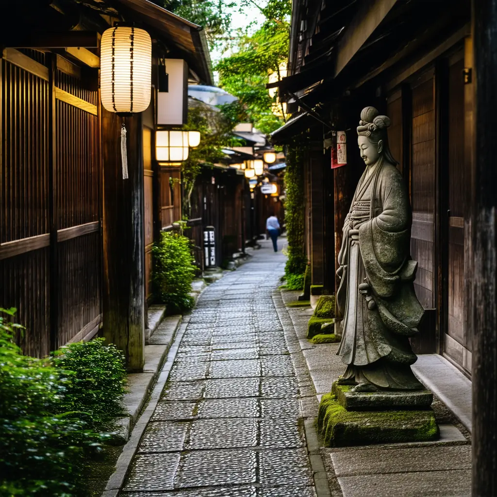 Hozenji Yokocho narrow lantern-lit stone alley at dusk lined with traditional wooden restaurants, moss-covered Mizukake Fudo statue