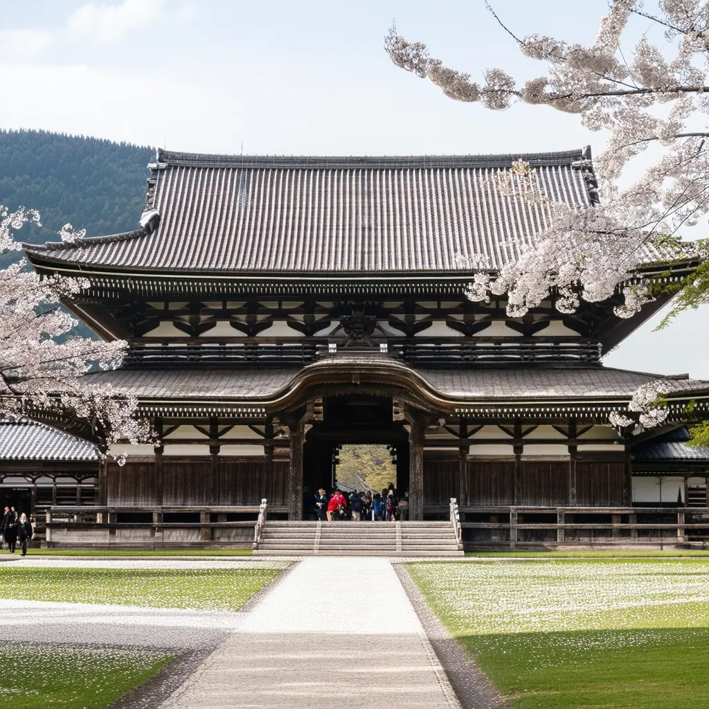 The massive timber temple of Todai-ji great wooden hall in spring with sweeping curved roofs, cherry blossoms in the foreground, soft morning light