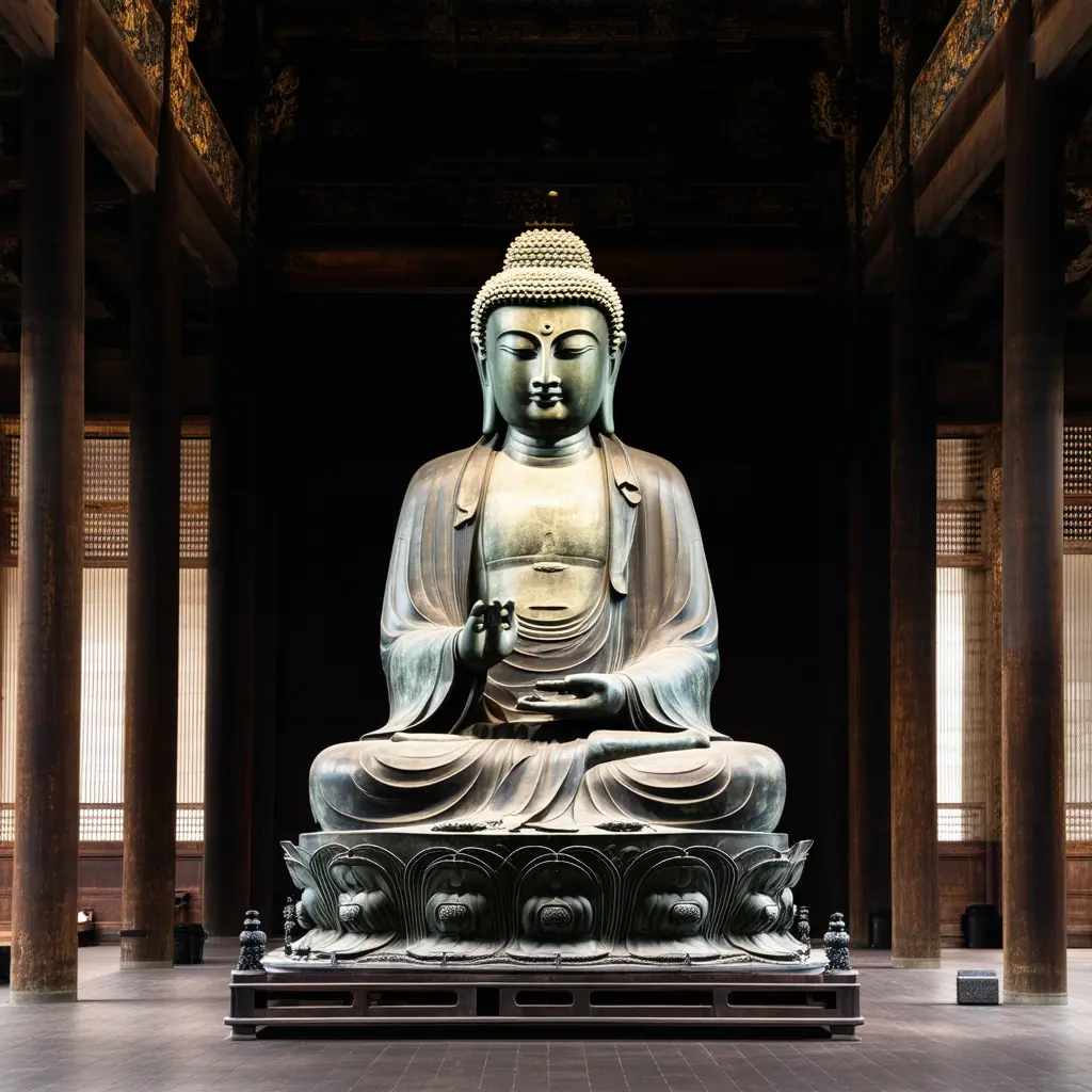 The fifteen-meter seated bronze Great Buddha inside Todai-ji, dimly lit from above with an ornate temple interior, sense of vast scale