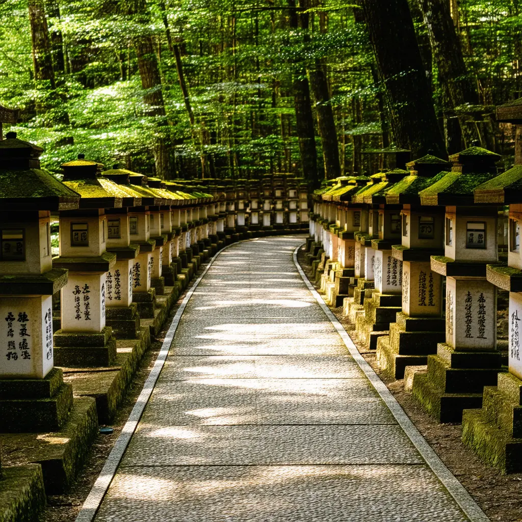 Hundreds of moss-covered stone lanterns lining a forest walkway at Kasuga Taisha shrine, dappled morning sunlight, no people