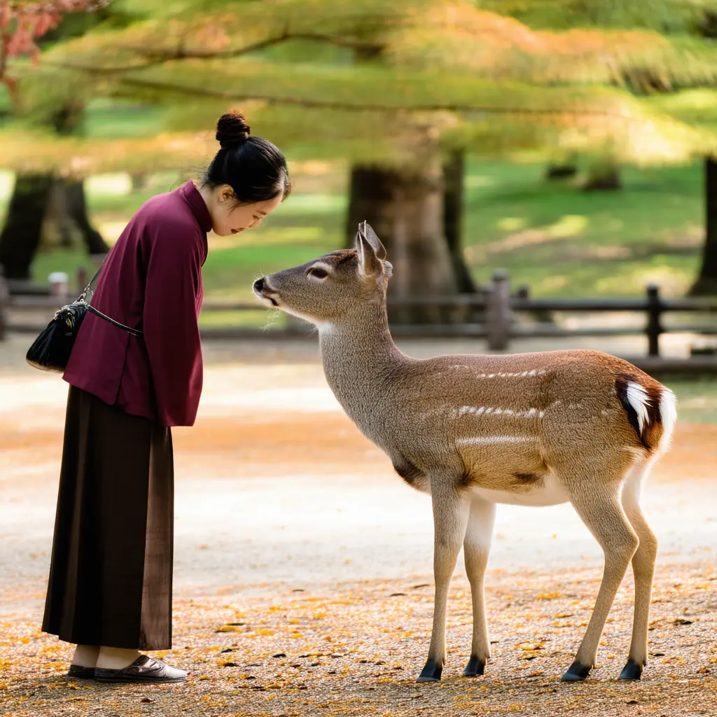 A visitor bowing to a sika deer in Nara Park, the deer politely bowing back for a cracker, autumn maples in the background