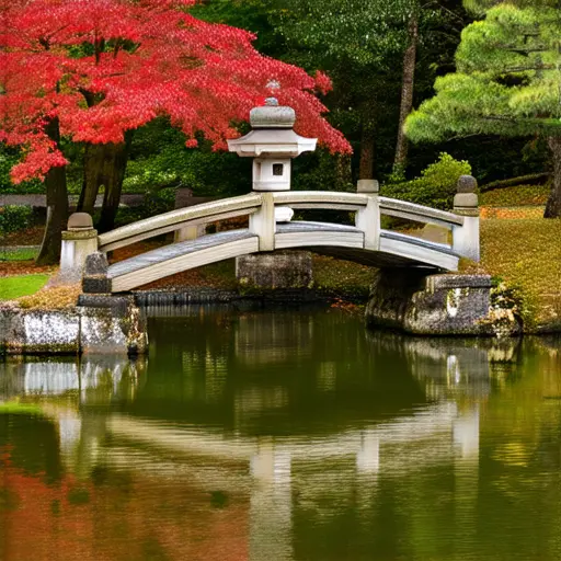 Yoshikien Garden in autumn, Nara, a traditional Japanese pond garden with red and gold maples reflecting in still water, a stone lantern and an arched wooden bridge under soft overcast light