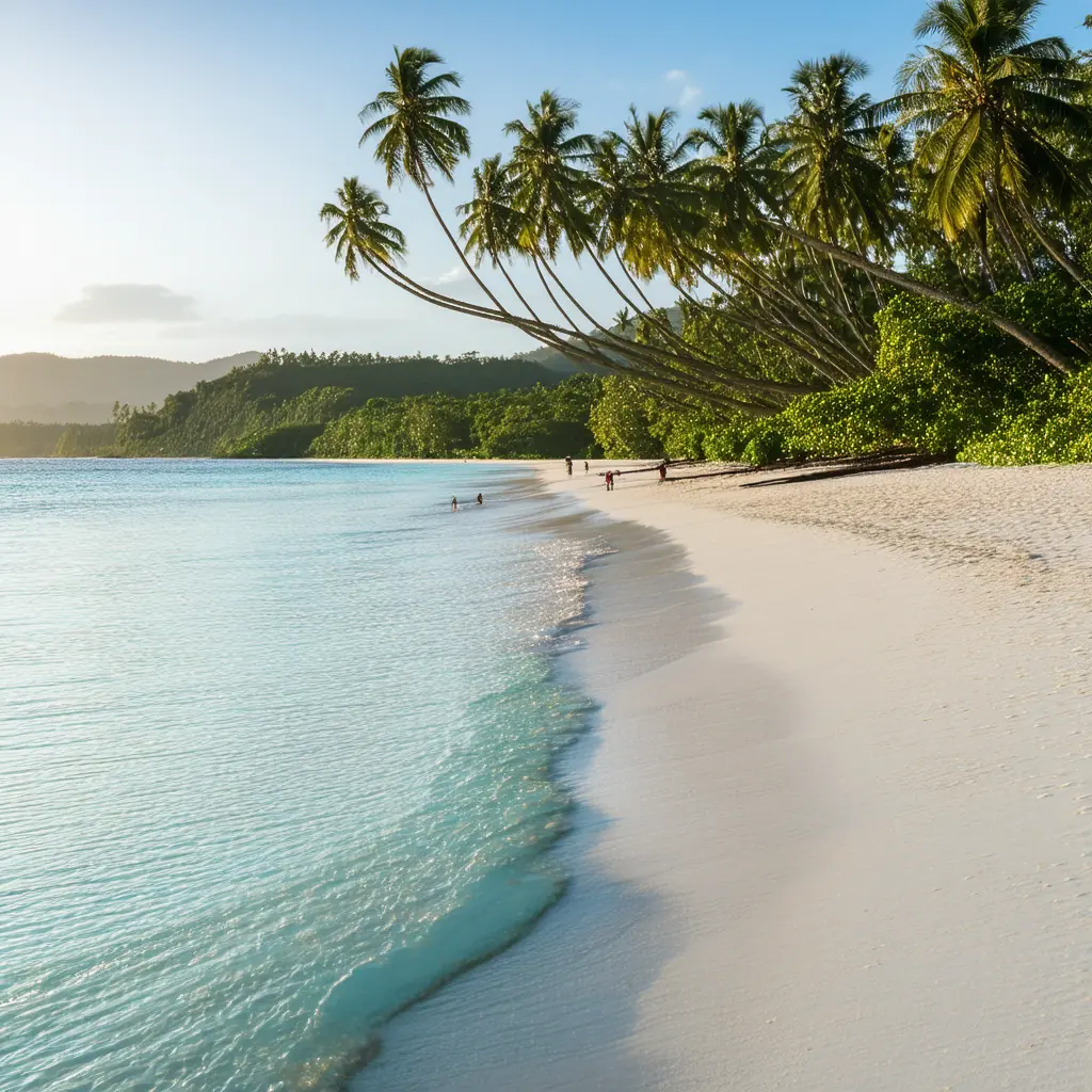 Pagudpud Saud Beach at sunrise in Ilocos Norte, fine white sand and clear turquoise water with coconut palms leaning toward the shore under a soft pastel sky