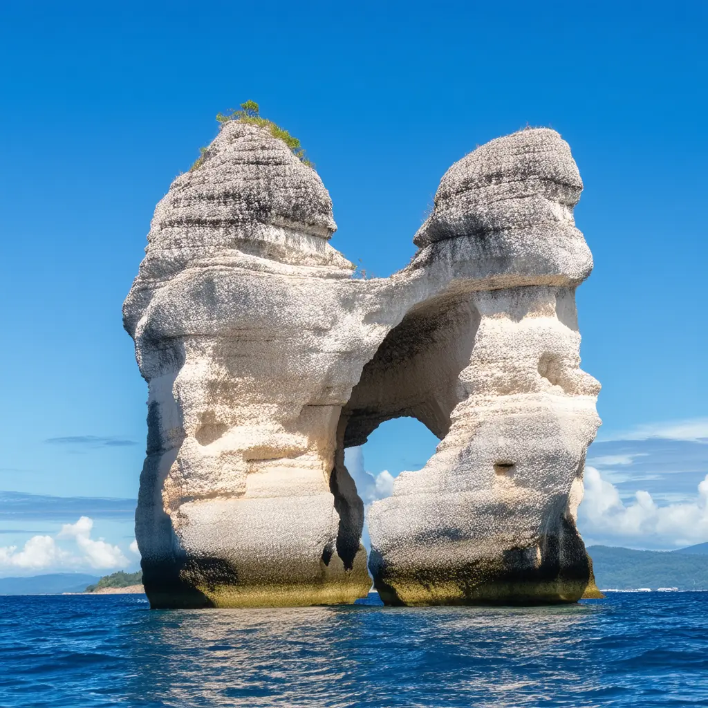 Kapurpurawan rock formations in Burgos, Ilocos Norte, white limestone outcrops carved by wind into smooth flowing shapes against the deep blue ocean in dramatic afternoon light