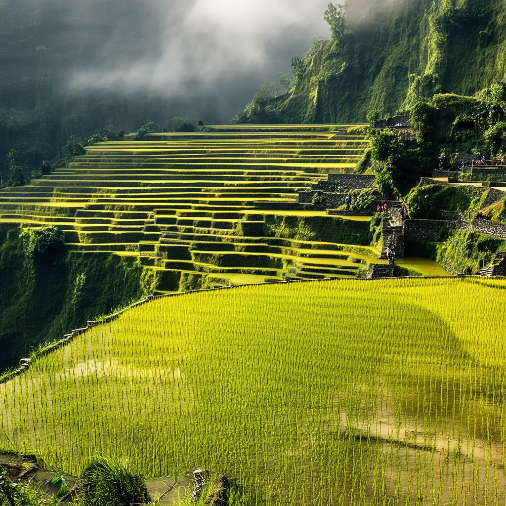 Banaue rice terraces in the morning, ancient stone-walled paddies cascading down a steep Ifugao valley said to be carved two thousand years ago, mist drifting between the ridges in soft golden light