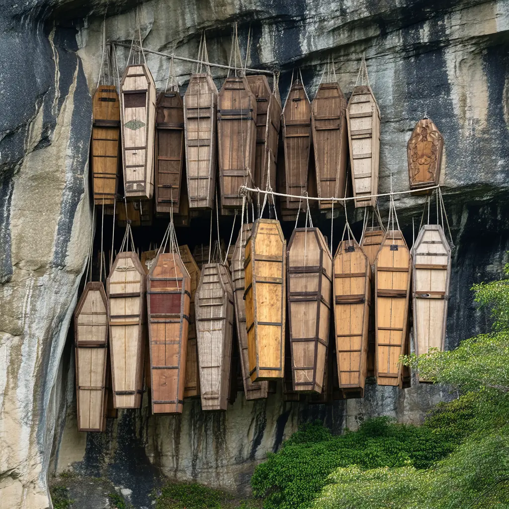 Sagada hanging coffins in Mountain Province, weathered wooden coffins suspended from a vertical limestone cliff above pine forest, a traditional Igorot burial site in soft overcast light