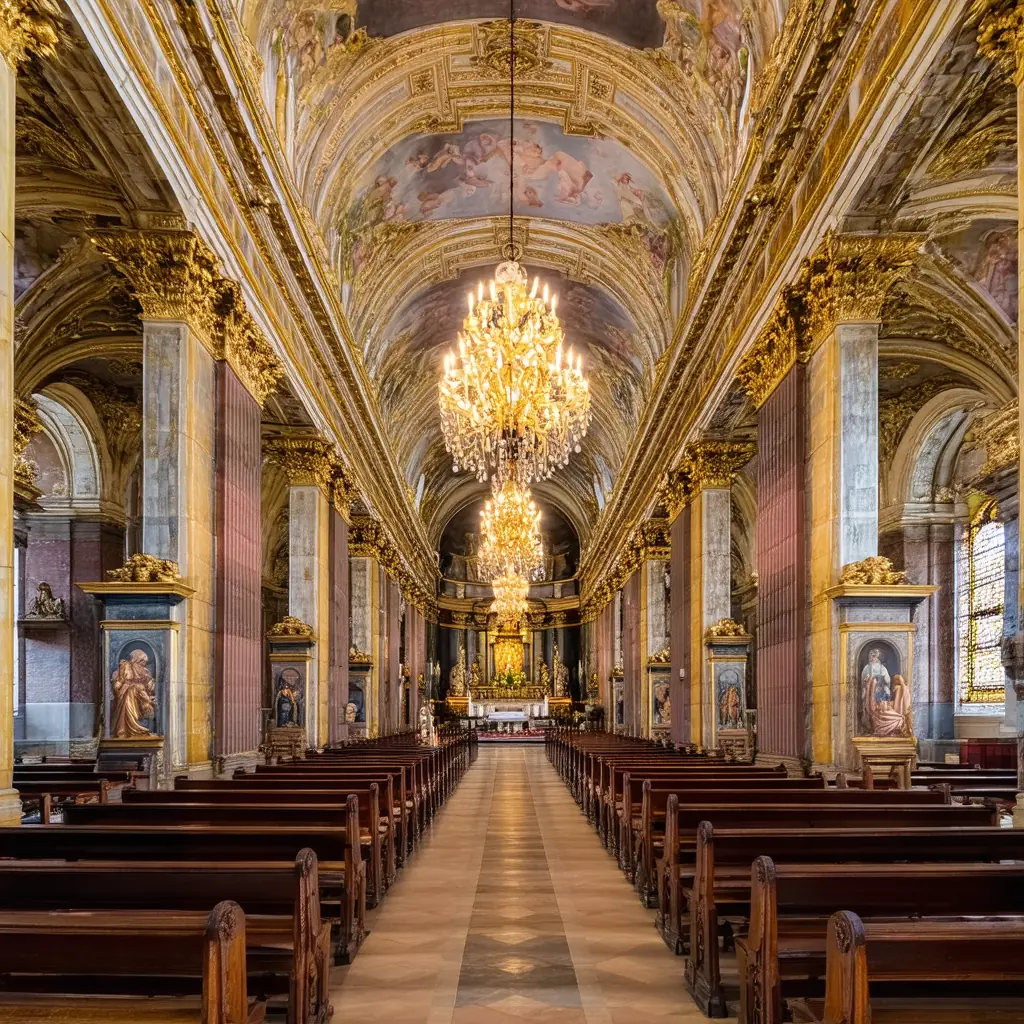 San Agustin Church interior in Manila, a baroque trompe-l'oeil ceiling above a long aisle of ornate gilded altars, warm chandelier light and polished hardwood pews under soft side light through capiz-shell windows