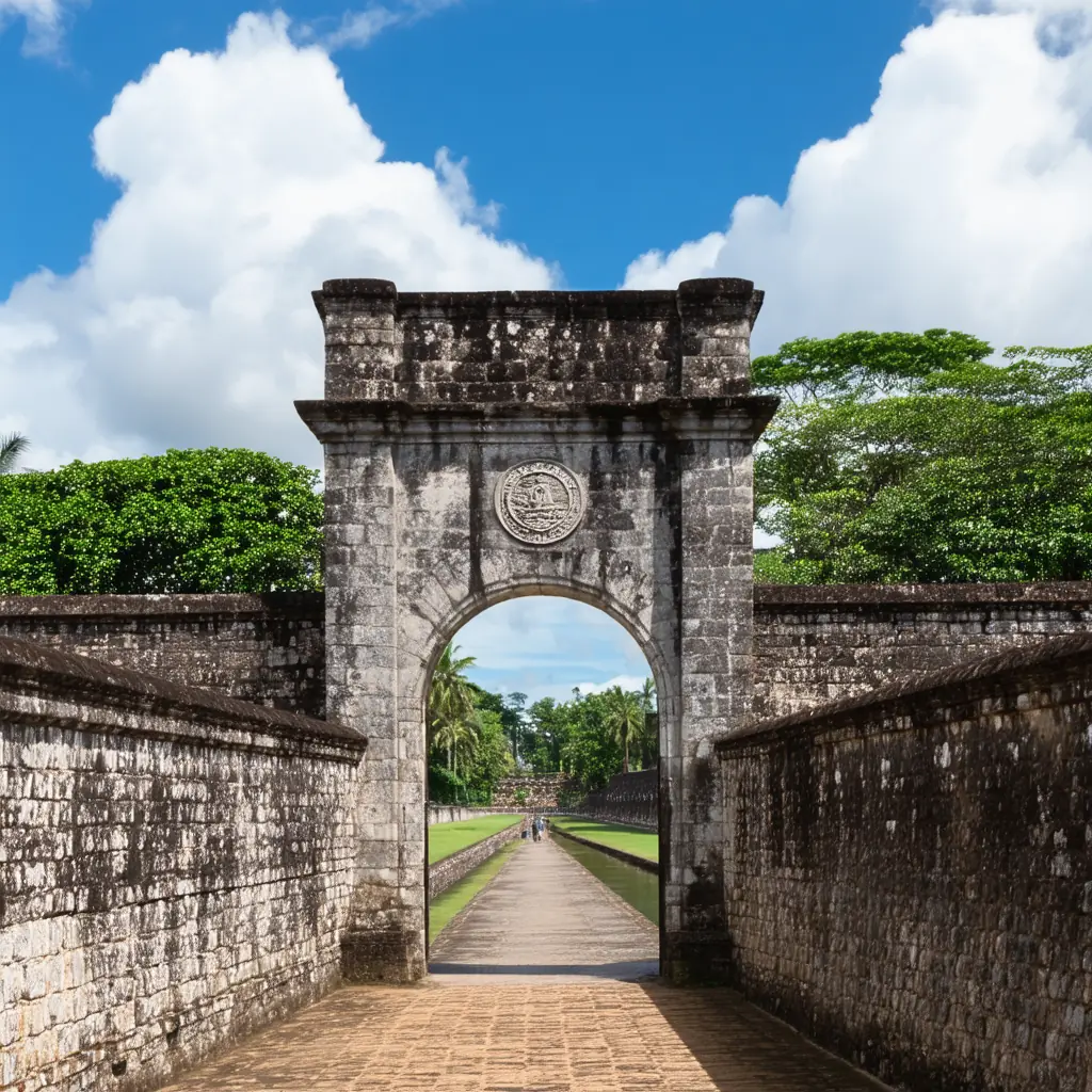 Fort Santiago gate at midday in Intramuros, an arched stone entrance with a weathered Spanish-era seal carved above, tropical greenery around the moat under a blue sky with cumulus clouds