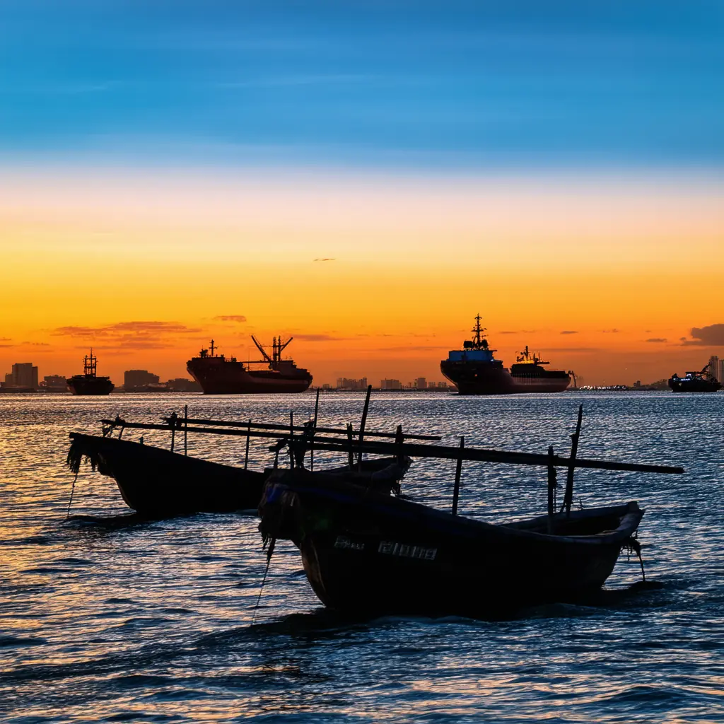 Manila Bay sunset, a fiery orange sky over calm water with traditional bangka outrigger boats silhouetted in the foreground and distant cargo ships on the horizon