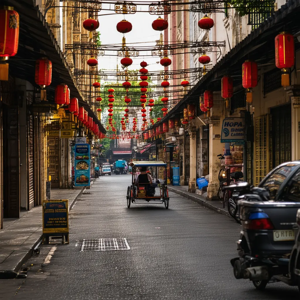 Binondo Chinatown street scene in Manila, a narrow lane crowded with red-and-gold lanterns and faded heritage shopfronts, a pedicab passing in front of a hopia bakery in warm afternoon light