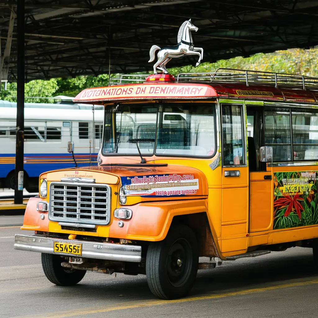 A brightly painted chrome-and-stainless passenger jeepney parked at a Manila terminal, with hand-lettered destination signs and a chrome horse hood ornament in vibrant tropical colors
