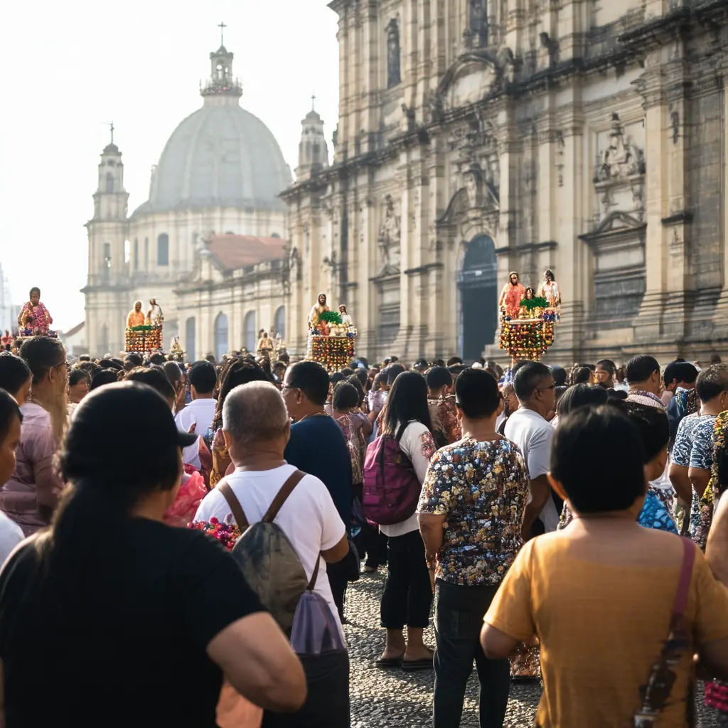 Quiapo Church plaza at midday in Manila, devotees gathered before the baroque facade carrying small replicas of the Black Nazarene, sampaguita garland vendors in the foreground in hazy hot light