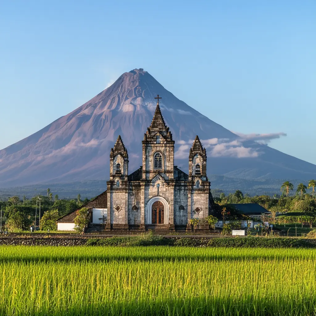 Daraga Church with Mayon Volcano in Albay, a baroque volcanic-stone facade on a hilltop with the symmetrical Mayon cone behind in warm afternoon light over distant rice fields