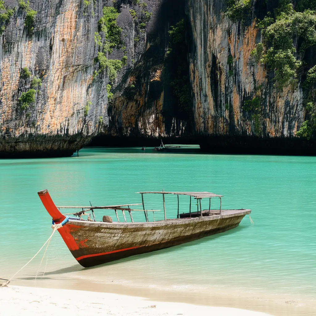 Caramoan Islands lagoon in Camarines Sur, a traditional bangka anchored in clear turquoise water surrounded by jagged limestone karsts and a white sand cove in soft midday light