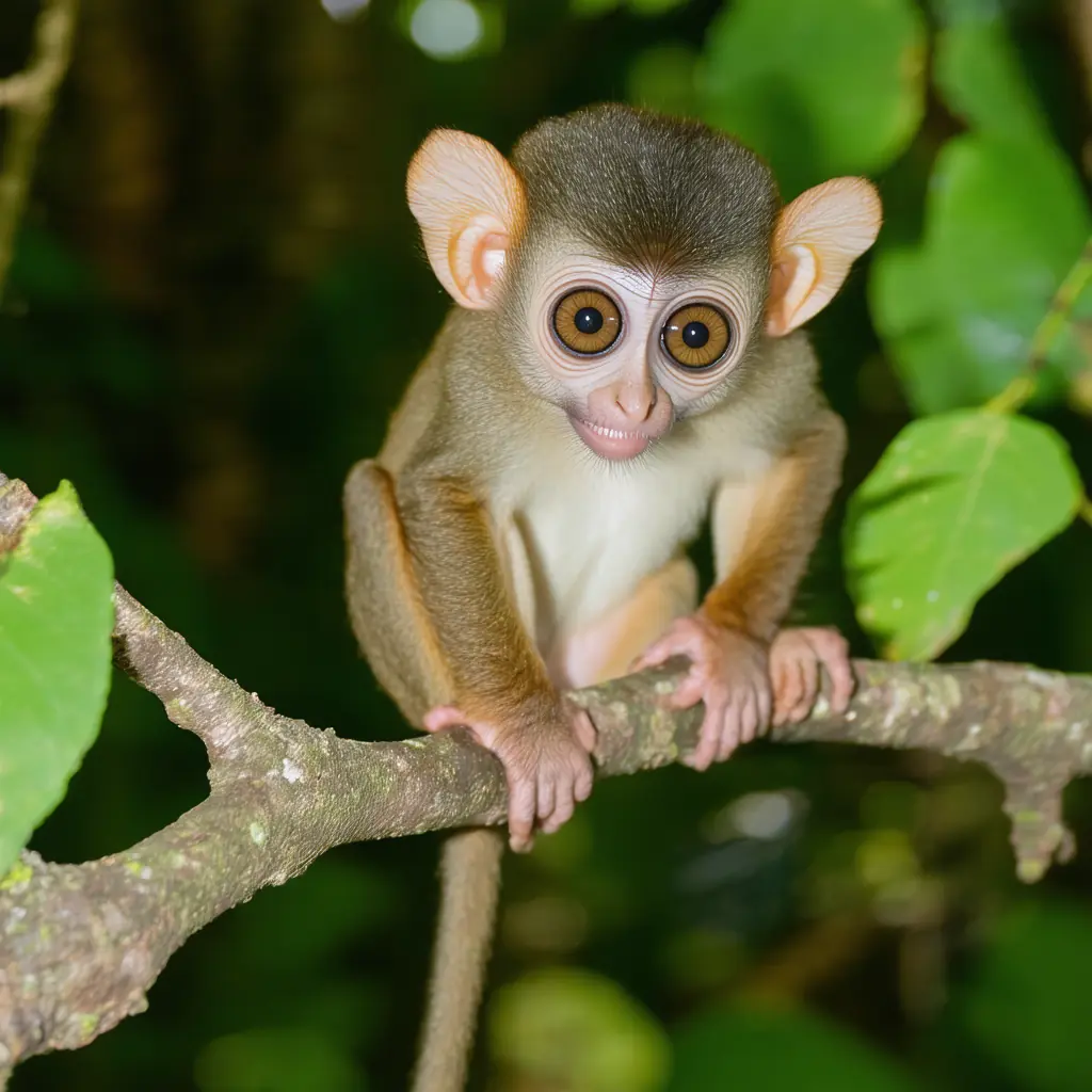 A Philippine tarsier on a branch in Bohol, a tiny nocturnal primate with enormous round eyes clinging to a thin tree limb in the dappled green light of a jungle sanctuary