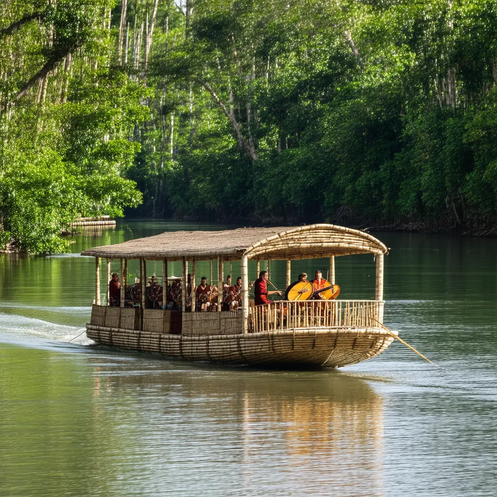 Loboc River cruise at midday in Bohol, a wide bamboo floating restaurant gliding between dense jungle banks of the emerald river with a distant rondalla band playing on a riverside platform in dappled tropical light