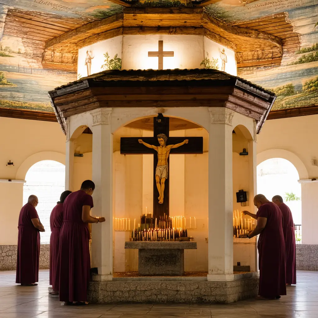 Magellan's Cross pavilion in Cebu City, a small octagonal kiosk housing the historic wooden cross under a painted ceiling depicting the 1521 baptism, pilgrims lighting candles in warm interior light